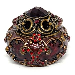 ENAMELED TRINKET BOX JULY BIRTHSTONE Red Faux Garnet Ruby Scroll Copper Toned